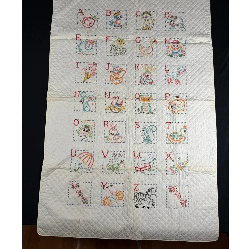 Vintage‎ Bucilla Alphabet Quilted Crib Cover and Bibs Set Hand Embroidered 70s